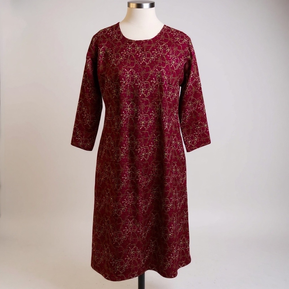 Handmade & Embroidered Dark Magenta Tunic Dress, 3/4 Sleeve, SZ S, Gorgeous!